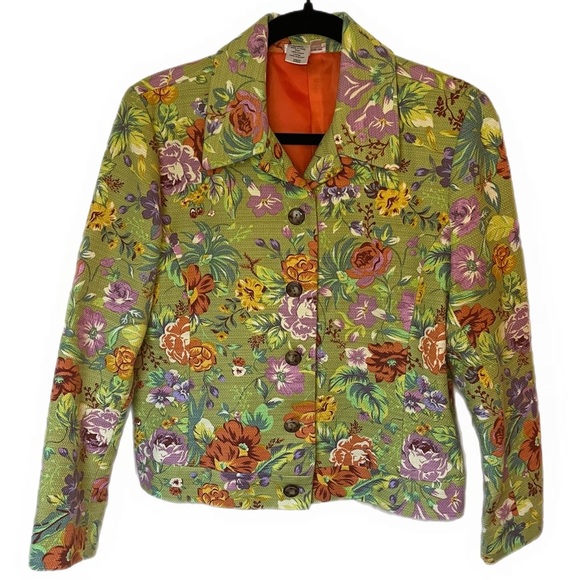 Vintage Coldwater Creek cropped blazer jacket green floral size S petite - Picture 1 of 6